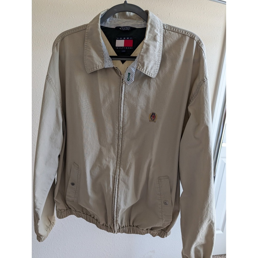 Tommy Hilfiger Mens Beige Cotton Harrington Jacket Vintage Logo Size L